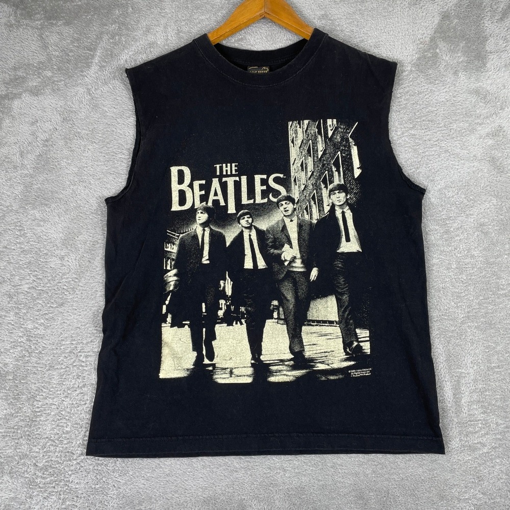Vintage The Beatles Muscle Tee Mens Medium Black Y2K 2004 Apple Corps Band Shirt